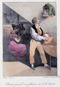 Uomo che alleva uccelli mentre sua moglie lo tradisce: "Ognuno prende il suo piacere o lo trova" - in "Les pastemps" di Henry Monnier, ed. Delpech, Parigi, v.1830 da Henri Bonaventure Monnier