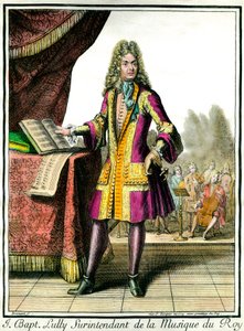 Ritratto a figura intera di Jean Baptiste Lully (Giovanni Battista Lulli) (1632-1687) Sovrintendente della Musica del Re. Incisione di Henri Bonnart