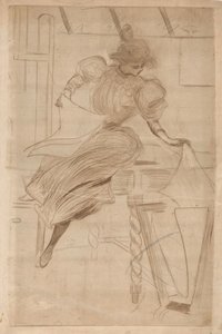 Donna che guarda stampe in un supporto per stampe da Henri Boutet (possibly)