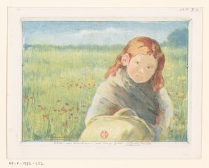 Ragazza con cesto in un prato fiorito da Henri Charles Guérard (signed by artist)