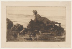 Ragazzo sdraiato su rocce sulla spiaggia da Henri Charles Guérard
