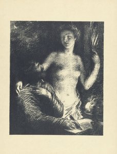 Uomo seduto con penna in mano e libro aperto e accanto a lui una donna nuda come musa o ispirazione da Ignace Henri Jean Fantin Latour