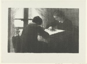 Due donne che ricamano a un tavolo vicino alla finestra da Ignace Henri Jean Fantin Latour