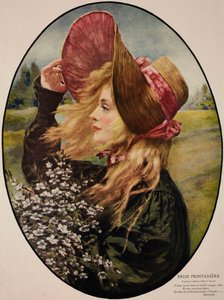 Giovane donna con cappello di paglia, che tiene un mazzo di fiori