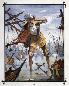 Lemuel Gulliver al centro di una battaglia navale tra le navi di Lilliput e Blefuscu. Illustrazione per 