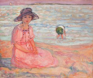 Donna in abito rosa vicino al mare, c.1920 da Henri Lebasque