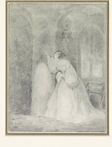 Interno con giovane donna appoggiata a una colonna da Henri Leys (baron)
