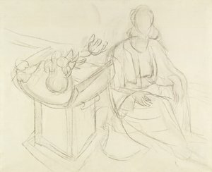 Donna seduta - Natura morta con fiori su un tavolo (carboncino su tela) da Henri Matisse