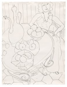 Donna seduta a un tavolo con frutta e brocca da Henri Matisse