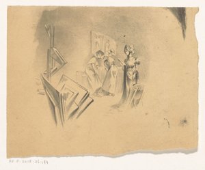 Tre donne che guardano stampe in un atelier da Henri Patrice Dillon (possibly)