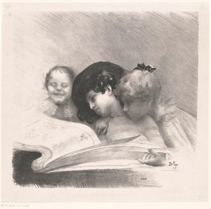 Tre ragazze che guardano un album di stampe da Henri Patrice Dillon