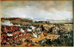 La battaglia di Waterloo 1815 - I corazzieri francesi caricano gli Highlander scozzesi in piazza ... (dipinto su tela)