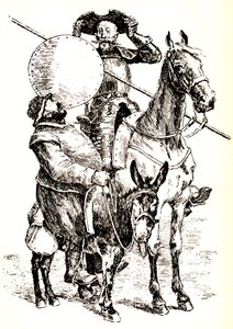 Don Chisciotte sul suo cavallo, accanto a Sancho sul suo asino