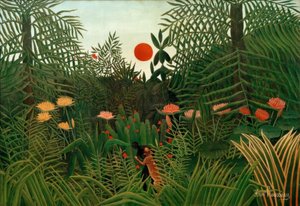 Foresta vergine al tramonto. Black attaccato da un leopardo da Henri Rousseau