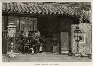 Re Dong Khanh, Imperatore di Annam, nella città imperiale di Hue (Vietnam). Incisione di Thiriat, per illustrare la storia Trente mois au Tonkin di Dr. Charles Edouard Hocquard, in Le tour du monde, nouveau journal des voyages, sotto la direzione di Edouar da Henri Thiriat