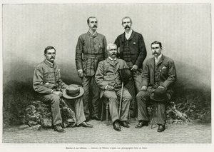 Ritratto di Henry Morton Stanley (John Rowlands 1841-1904) circondato dai suoi ufficiali: Dr. Thomas Heazle Parke (1857-93), Robert H. Nelson, William G. Stairs e Arthur J. M. Jephson (incisione)