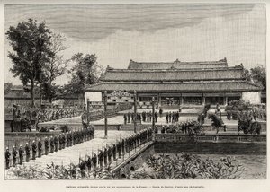 Udienza solenne data dal re Dong Khanh (1864-1889) imperatore di Annam ai rappresentanti della Francia nella città imperiale di Hue (Vietnam). Incisione di Thiriat, per illustrare la storia 
