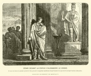 Giulio Cesare davanti a una statua di Alessandro Magno in Spagna, lamentando la scala delle sue conquiste rispetto a quelle di Alessandro alla stessa età della sua morte, c67 a.C. (incisione)