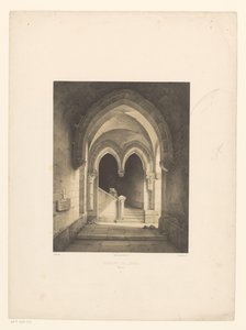 Interno di un monastero con due monaci sullo sfondo da Henri de Boug d