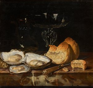 Natura morta con ostriche, pane e bicchiere di vino veneziano, 1661