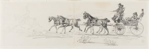 Carrozza trainata da cavalli preceduta da un singolo cavaliere (recto); Uomo a cavallo con una coperta e schizzi di teste, cavalli e arco trionfale (verso) da Henri de Toulouse-Lautrec
