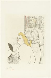 Parrucchiere pettina i capelli di una donna seduta con specchio in mano da Henri de Toulouse Lautrec (signed by artist)
