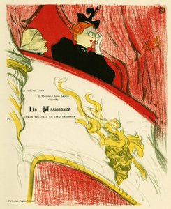 Una donna in un camerino teatrale che usa un paio di binocoli. Poster per il Missionario, opera di Marcel Luguet, rappresentata nel 1893 al Teatro Libero creato nel 1887 da André Antoine (1858-1943), Illustrazione in litografia di Henri de Toulouse Lautrec da Henri de Toulouse Lautrec