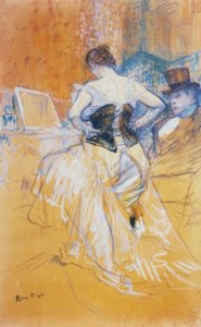 Donna che mette il corsetto, conquista di passaggio da Henri de Toulouse Lautrec
