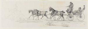 Carrozza trainata da cavalli preceduta da un singolo cavaliere (recto); Uomo a cavallo con una coperta e schizzi di teste, cavalli e arco trionfale (verso)