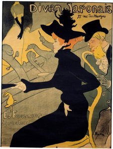 Poster per il cabaret parigino "Il divano giapponese" raffigurante la ballerina Jane Avril e lo scrittore Edouard Dujardin che guardano la cantante Yvette Guilbert esibirsi sul palco da Henri de Toulouse Lautrec