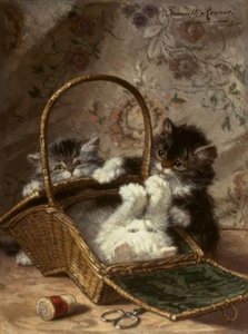 Gattini con un cestino da cucito