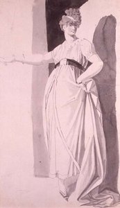Giovane donna con acconciatura elaborata in piedi con il braccio destro teso