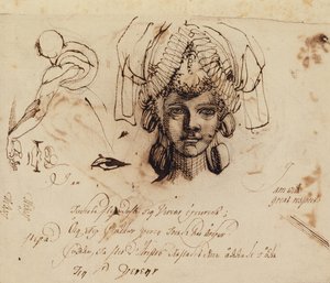 Mrs. Fuseli con un elaborato copricapo e studi di un occhio, bocca e torso