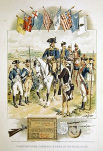 Bandiere americane, uniformi, valuta e armi della Rivoluzione, illustrazione da 