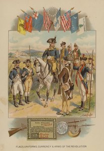 Bandiere, uniformi, valuta e armi della Rivoluzione Americana (cromolitografia)