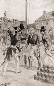 Il generale di brigata William Hull si arrende al forte e alla città di Detroit, Michigan, America durante l