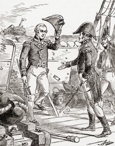 Il capitano Dacres della HMS Guerriere si arrende e offre la sua spada al capitano Hull a bordo della USS Constitution dopo la sua sconfitta durante la Guerra del 1812, da La Storia del Nostro Paese, pubblicato nel 1905 da Henry Alexander Ogden