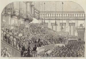 Il Congresso della Pace a Exeter Hall, Sir David Brewster, il Presidente, legge il discorso inaugurale da Henry Anelay