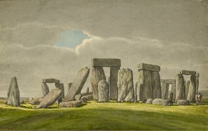 Stonehenge da S.E, mostrando pietre in stato di rovina con 2 visitatori da Henry Browne