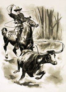 Un cowboy cattura un vitello a cavallo con un lazo