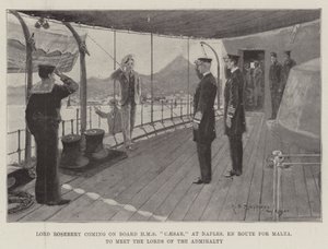 Lord Rosebery che sale a bordo della HMS Caesar, a Napoli, in rotta per Malta, per incontrare i Lord dell