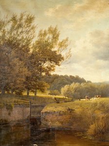 Paesaggio boscoso con ragazzo che pesca in una chiusa da Henry Cheadle