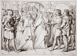 Alftruda riconosce Hereward, illustrazione da Hereward the Great di Charles Kingsley, pub. 1870, inciso da C.G. Lewis