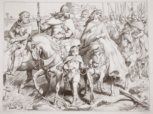 Hereward protegge Alftruda portandola in un luogo sicuro, illustrazione da Hereward il Grande di Charles Kingsley, pub. 1870, inciso da C.G. Lewis
