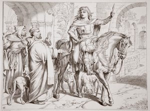 Hereward informa suo zio il Priore che sta per essere bandito, illustrazione da Hereward the Great di Charles Kingsley, pub. 1870, inciso da C.G. Lewis