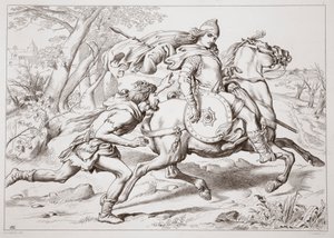 Come Martin Lightfoot supera Hereward, illustrazione da Hereward the Great di Charles Kingsley, pub. 1870, inciso da C.G. Lewis (incisione su lastra d