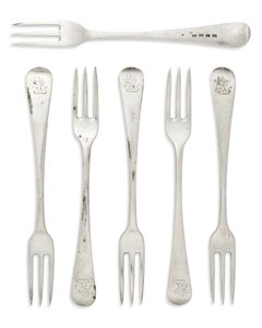Set di forchette da dessert in stile Old English coloniale di Giorgio III, Gibilterra, c.1790 (argento) da Henry Cowper