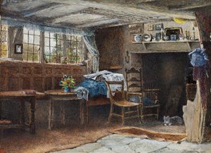 Interno del cottage di Anne Hathaway, con gatto