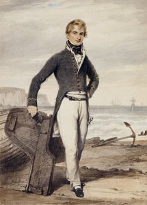 Ritratto di Edward Pocock R.N., piccolo a figura intera, in piedi accanto a una barca a remi arenata a bassa marea da Henry Edridge