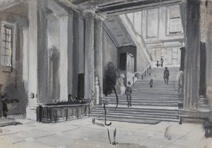 Vista interna del Museo Britannico che mostra la scala principale, 1884